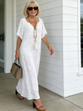 Fashion Summer Dress Women's Elegant V-Neck Short Sleeve Casual Long Dress Lace Crochet Vacation