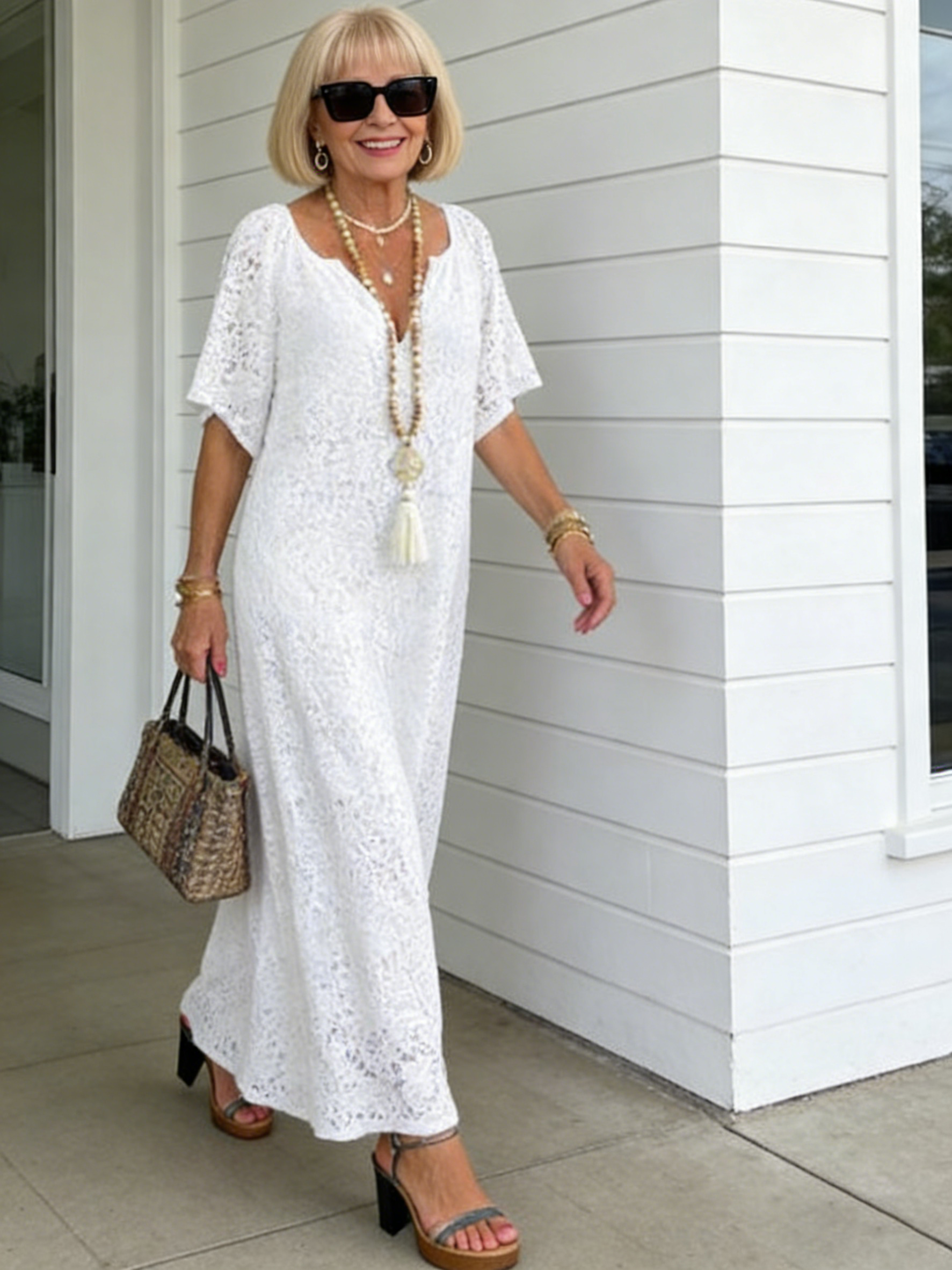 Fashion Summer Dress Women's Elegant V-Neck Short Sleeve Casual Long Dress Lace Crochet Vacation