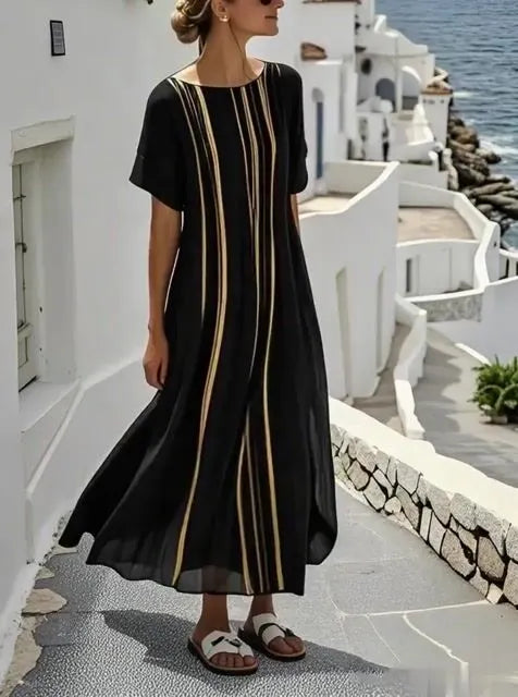 Women's Holiday Casual Round Neck Three-quarter Sleeve Printed Cotton and Linen Dress