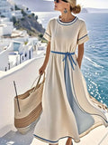 Women'S Contrast Color Stitching Belt Dress