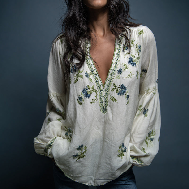 Women's Bohe Floral Embroidered Art Print Flowy Linen Blend Casual Tops