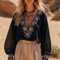 Women's Vintage Floral Embroidered Long-sleeved Shirt
