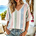 Women's Floral Art Embroidery Linen Blend V-neck Short Sleeve Top