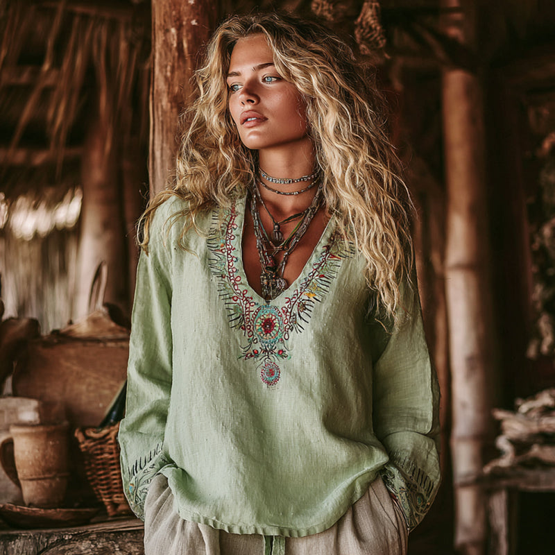 Women's Vintage Vacation Boho Tribal Ethnic Print V-neck Linen Blend Tops