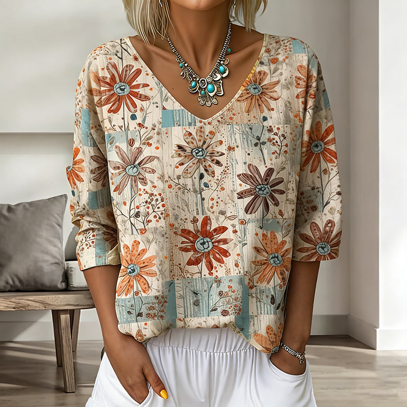 Women's Bohemian Vintage Floral Art Print Flowy Linen Blend Casual Tops