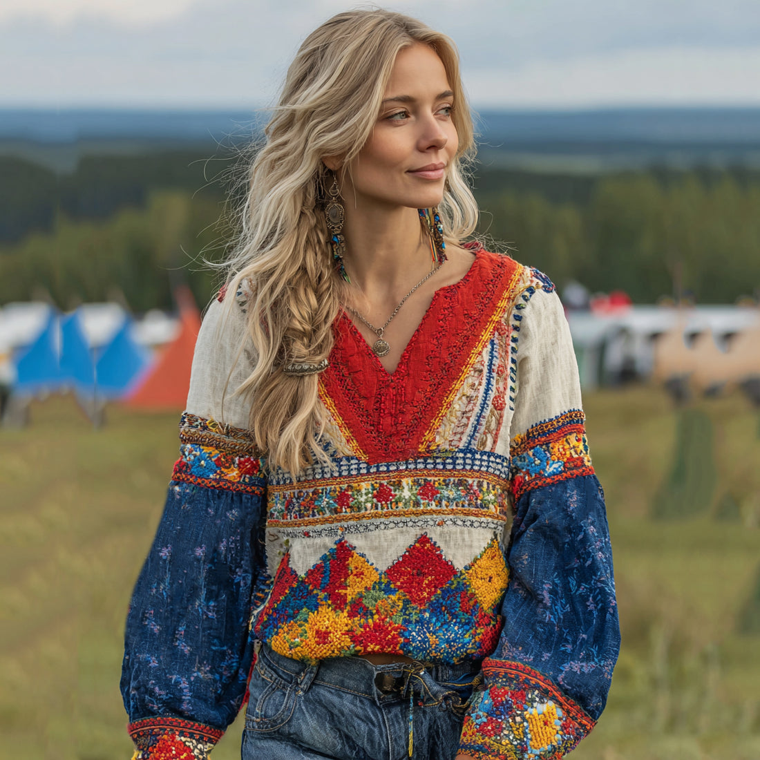 Women's Bohemian Contrast Floral Linen V-neck T-shirt