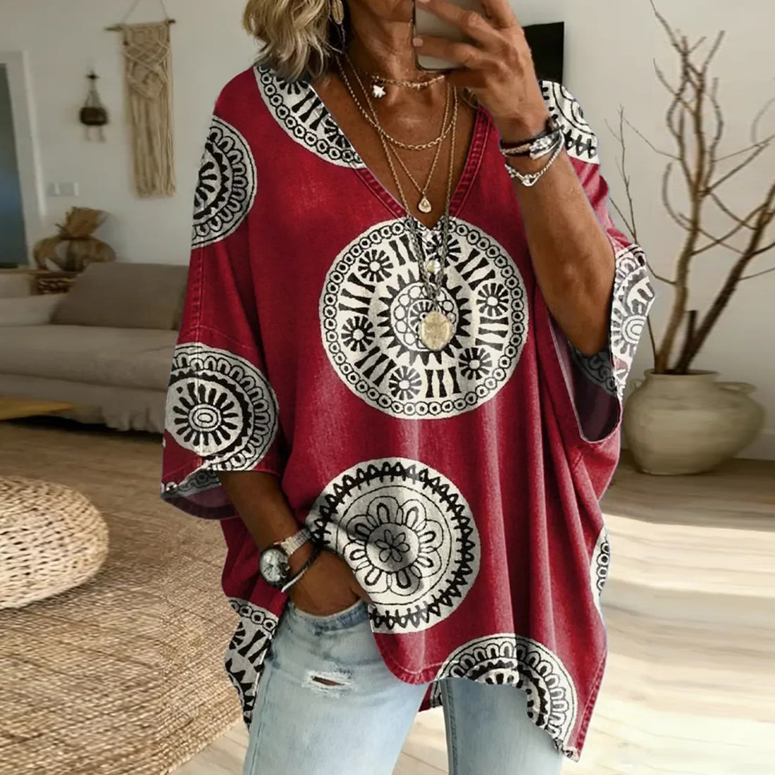 Women's Vintage-style Totem Art Print Casual Loose  Top
