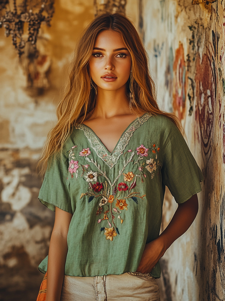 Women's Vintage Floral Embroidery Art Linen T-shirt
