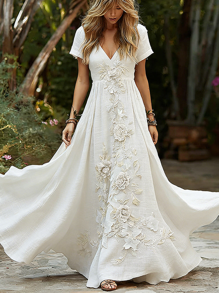 Women's Vintage White Rose Pattern Casual Dress