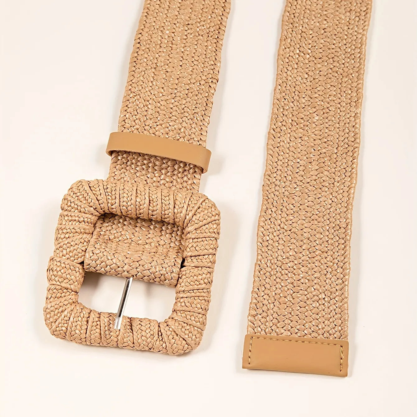 Casual Bohemian Woven Belt For Women Square Buckle Straw Elastic Waist Belt Summer Beach Dress Belts