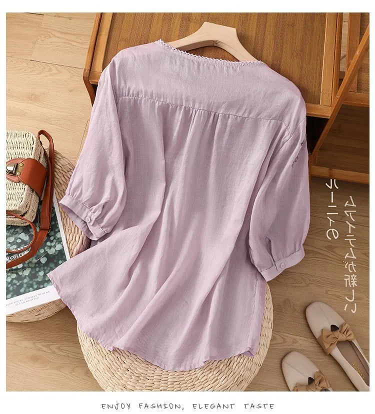 Thin Shirt Cotton and Linen Embroidered T-shirt Short Sleeve Literary and Retro Loose and Thin
