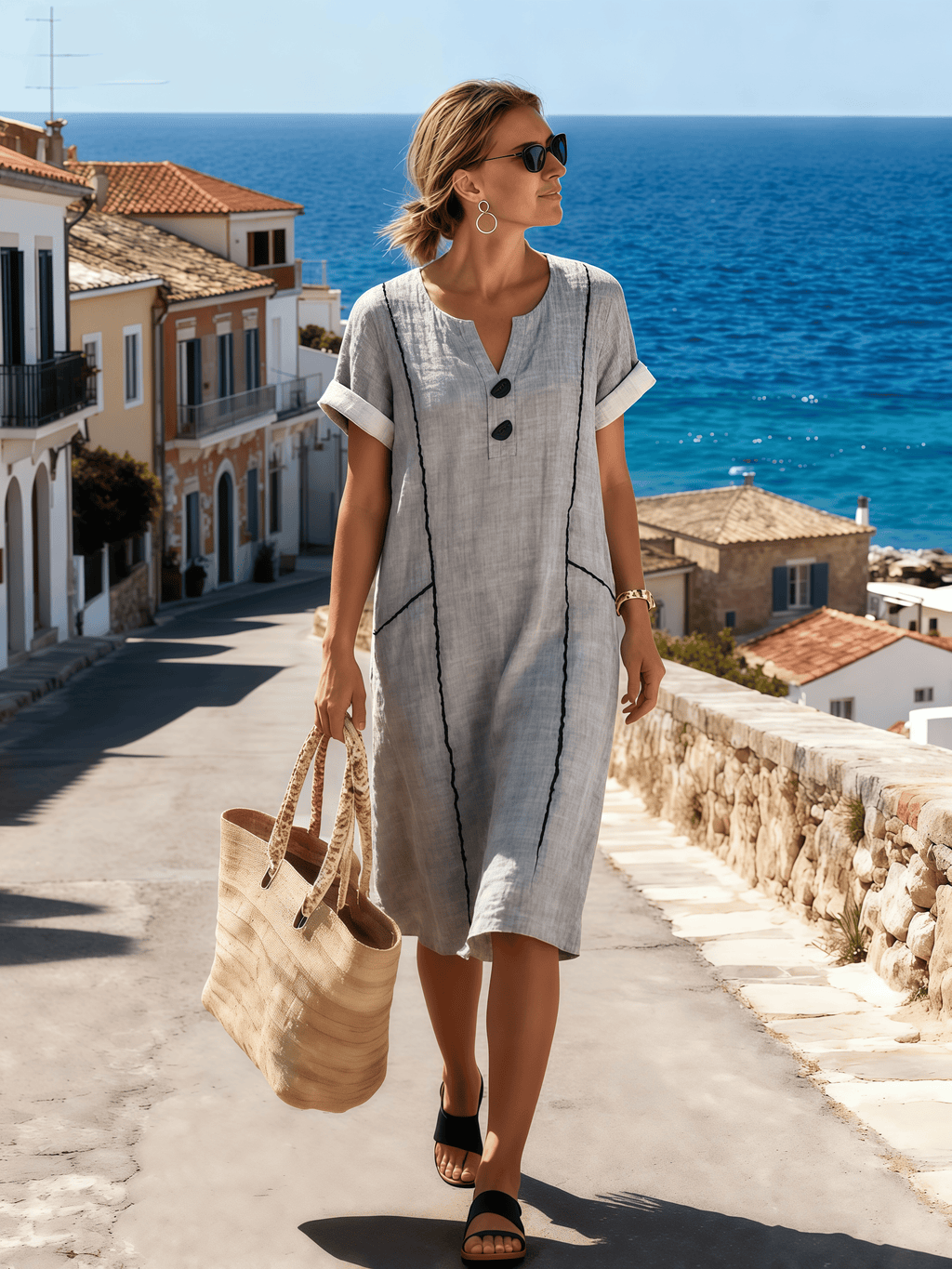 Women's V-Neck Casual Loose Short-Sleeved Dress