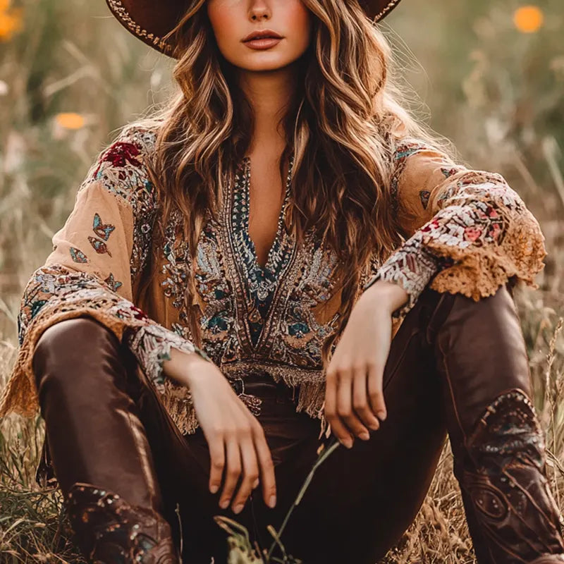 Women's Tassels Pendant Embroidery Pattern West Cowboy Bohemian Elegance Ethnic Patterns Lace Crop Top