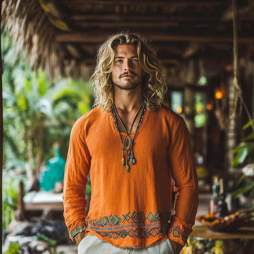 Men's Bohemian Holiday Style Vintage Linen Printed Casual Long Sleeve Top