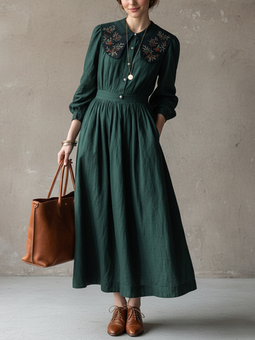 Women’s Retro Dark Green Cotton Linen Embroidered Collar Fitted Waist Long Dress MDZ1737D0GMJ