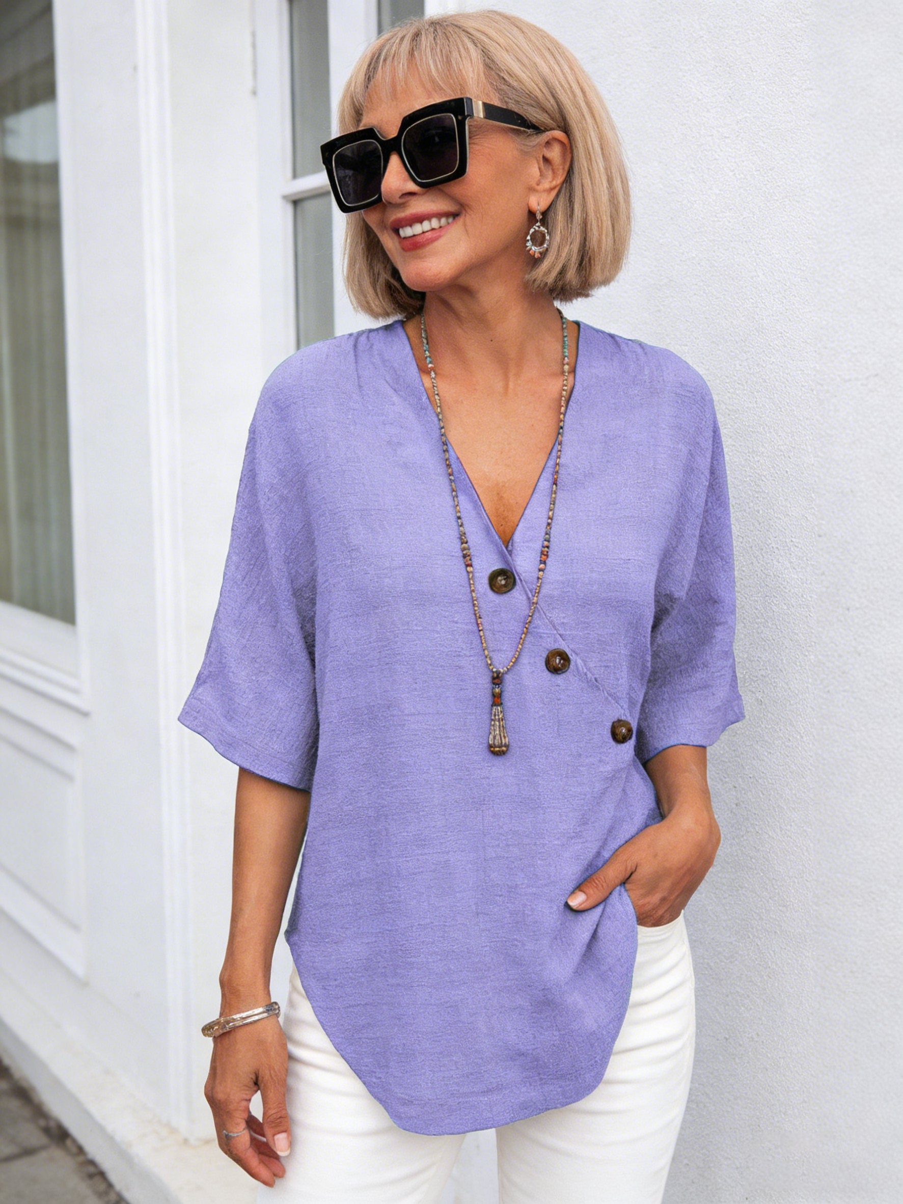 Top V-neck Solid Color Shirt Cotton and Linen