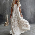 Women's Vintage White Floral Art Crew Neck Linen Maxi Dress