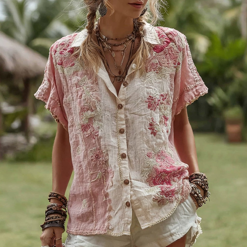 Women's Vintage Floral Art Contrast Short Sleeve Shirt