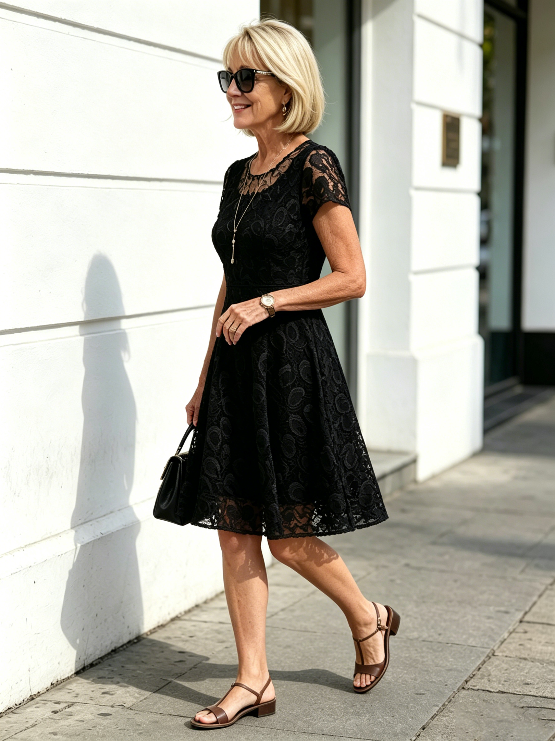 Lace short-sleeve black dress, slimming plus-size women's mid-length skirt that covers the tummy, A-line skirt