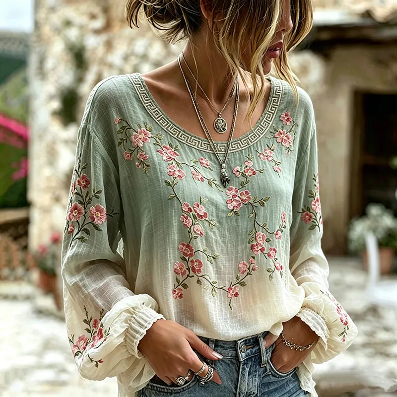 Women's Japanese Cherry Blossom Art Print Crew Neck Linen Blend T-shirt