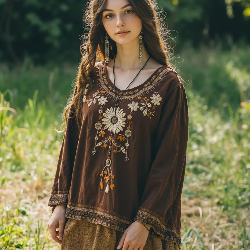 Retro Floral Embroidery Linen Blend Long Sleeve T-shirt