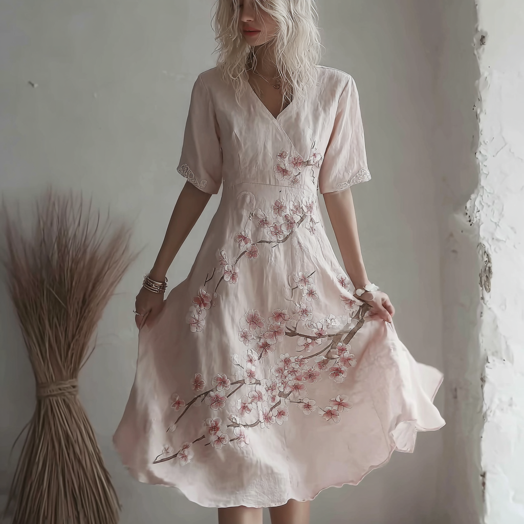 Sakura Embroidery Pattern Casual Linen Dress