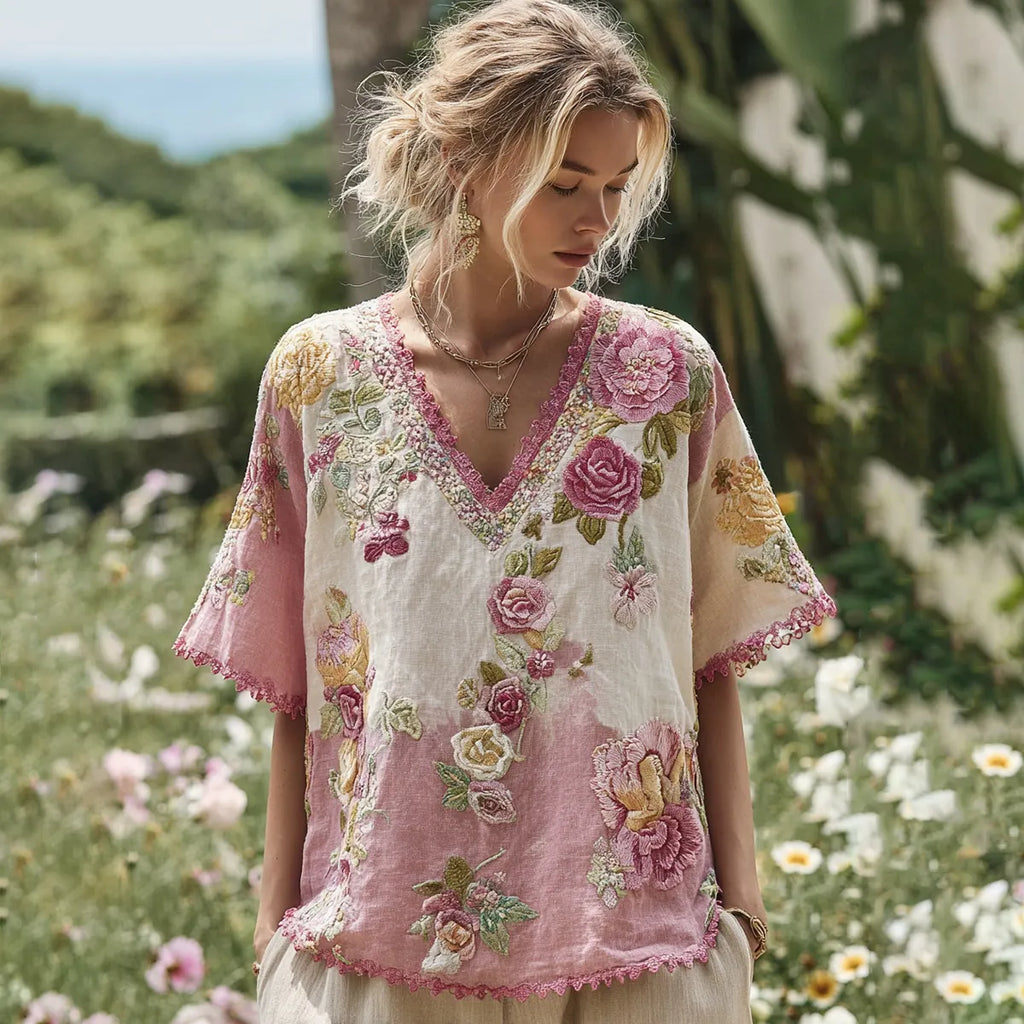 Women's Patchwork Rose Embroidered Linen T-shirt