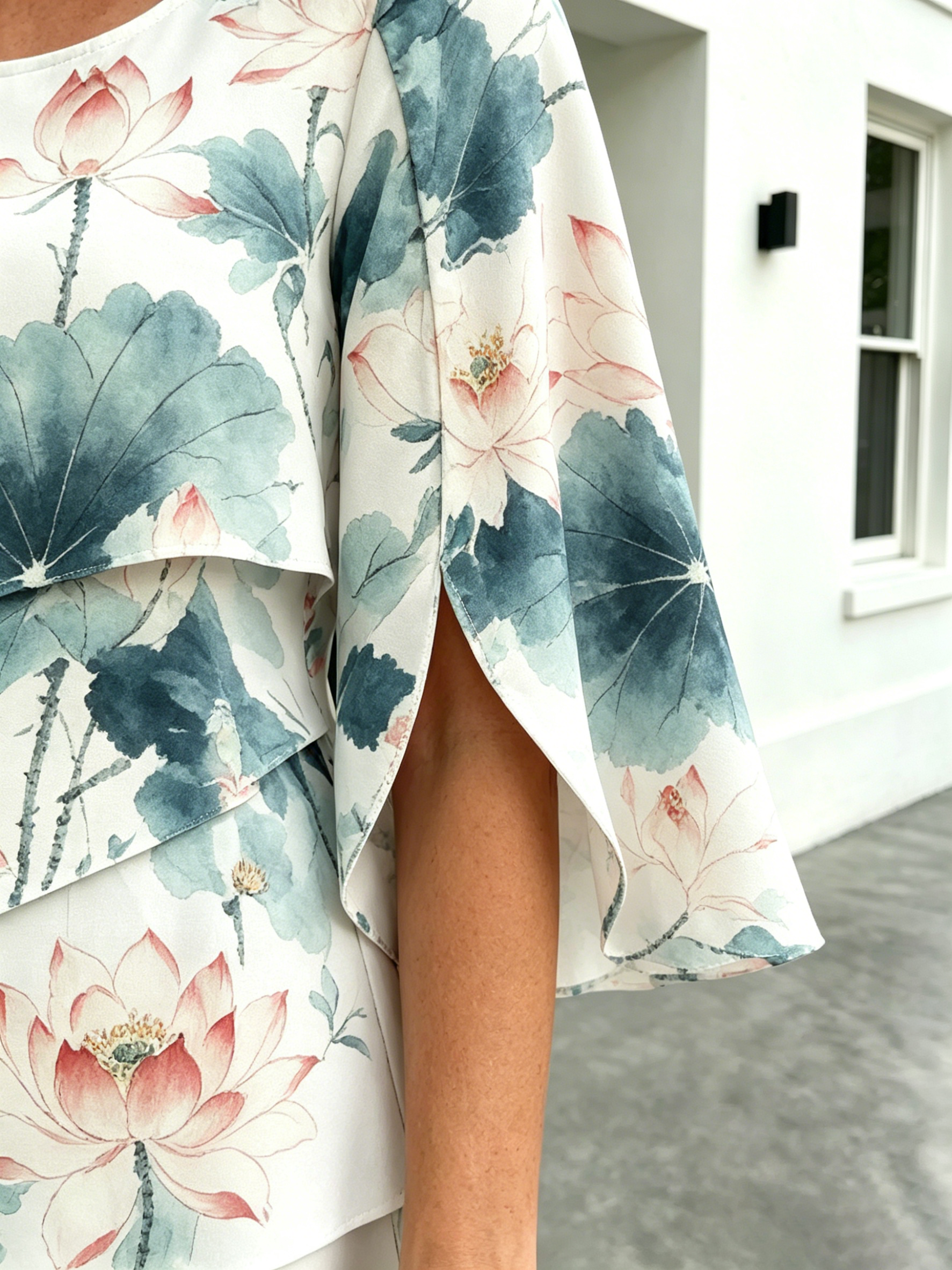 Chiffon Lotus Vacation Prints Color Round Neck Cake Skirt Splicing Dress Mid-length