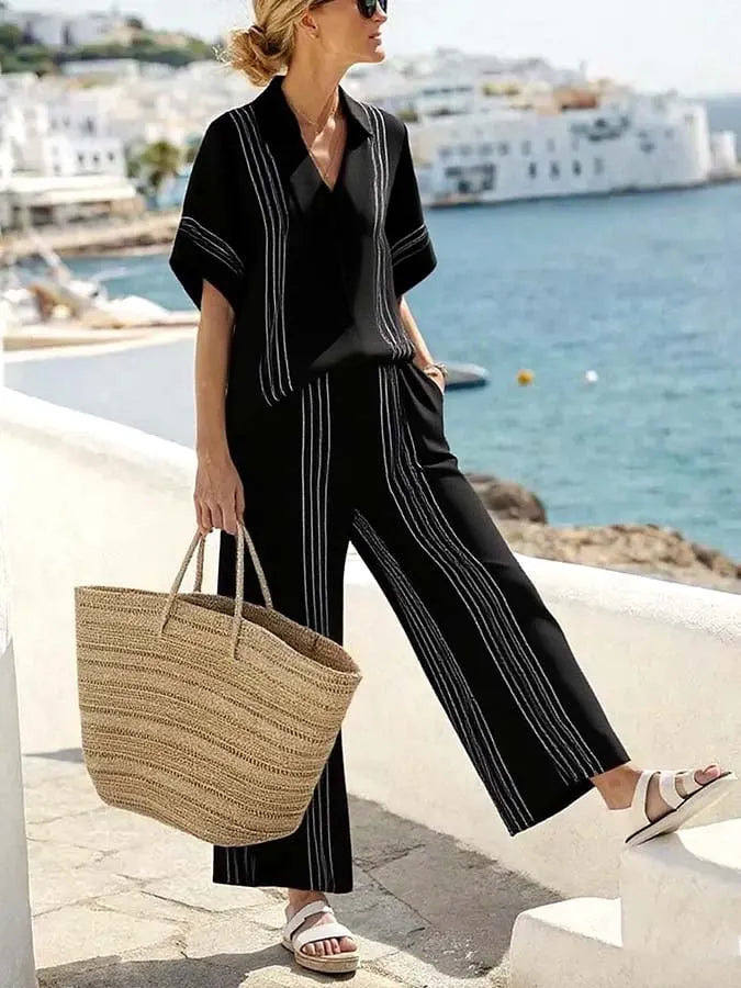 Women'S Loose Striped Wide Leg Pants Suit