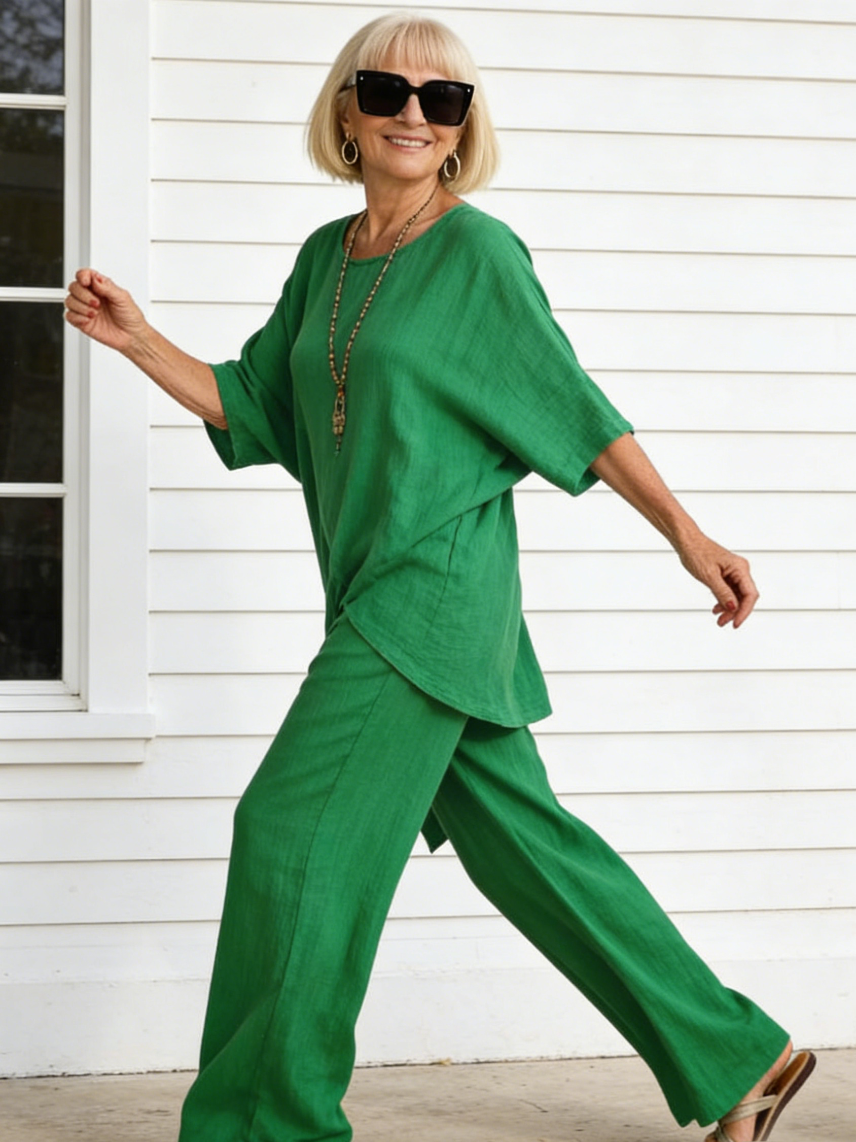 2Pcs Set Cotton and Linen Sleeves Round Neck Loose Casual Irregular Hem Set
