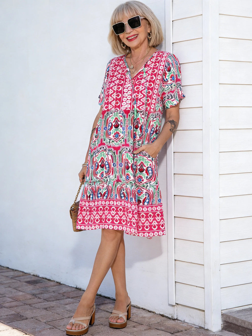 Vibrant Floral Bohemian Mini Dress -  New Arrival, V-Neck, Loose Fit, Casual Style, Floral Print, Mini Length, Perfect for Summer and Outdoor Activities
