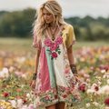 Women's Vintage Rose Floral Patch Linen Short Dress