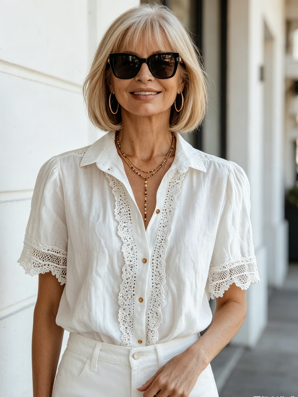 Lace Cotton and Linen Short-sleeved Casual Shirt Women