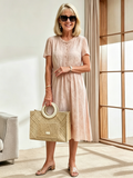 Blush Pink Drawstring Waist Midi Dress, Round Neck Short Sleeve Loose Plus Size Tummy Concealing Summer Dress for Mature Women