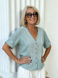 V-neck Short-sleeved Shirt Women's Loose Imitation Hemp Embroidered Button-up Top