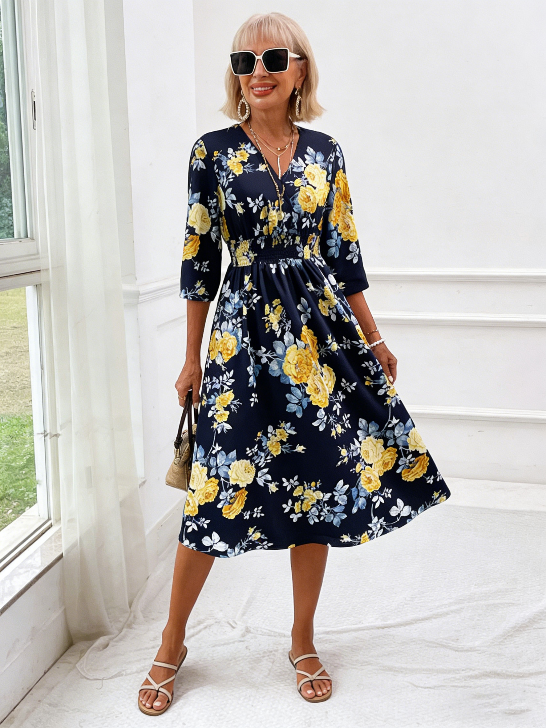 Seaside Vacation Dress Plant Flower Print Dress