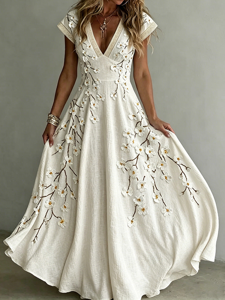 Women's Vintage Floral Art Flowy Linen Blend Maxi Dress