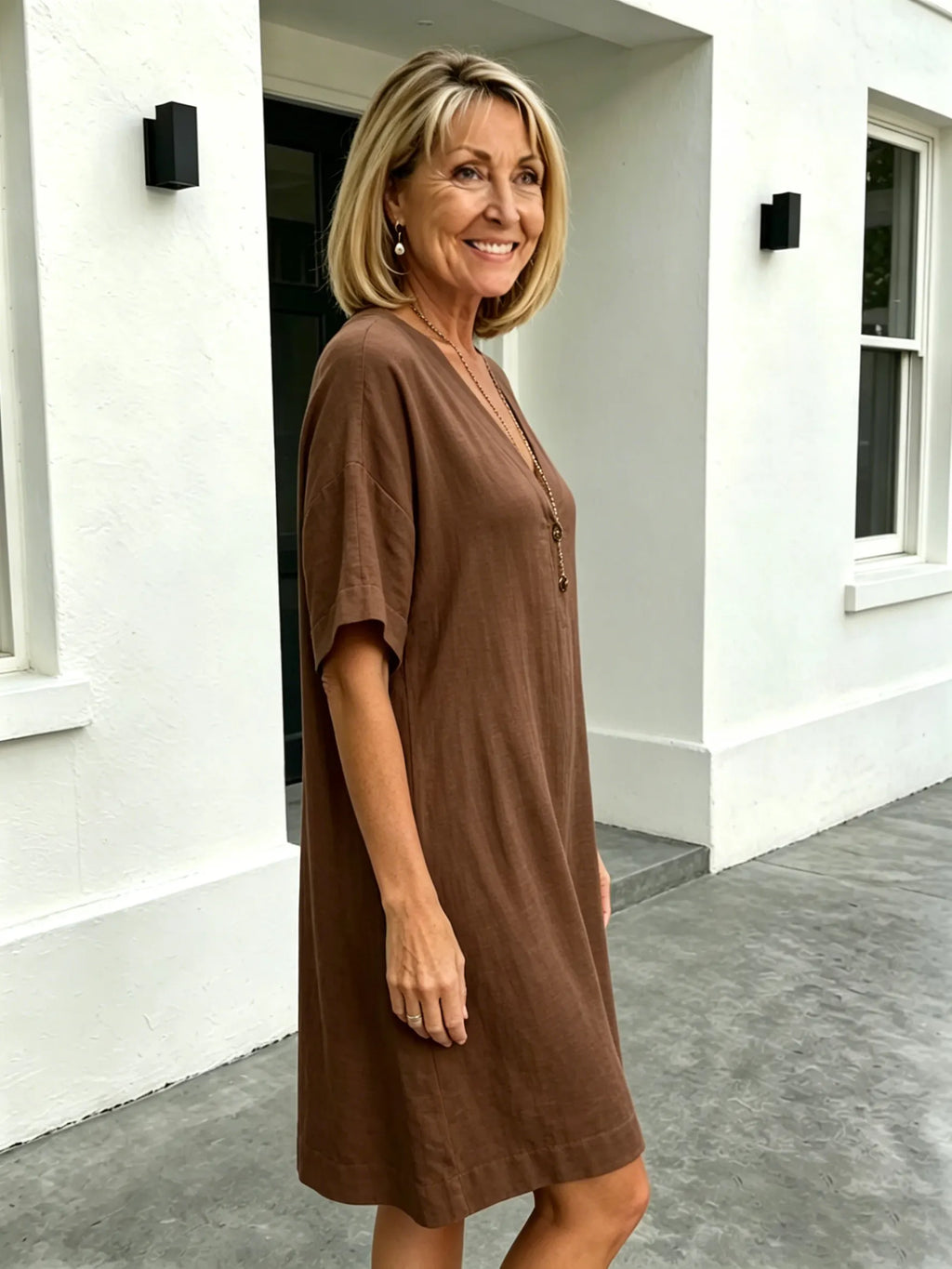 Short Sleeve V-Neck Cotton and Linen Loose Summer Dress