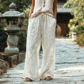 Vintage White Almond Blossom Japanese Art Wide Leg Linen Pants