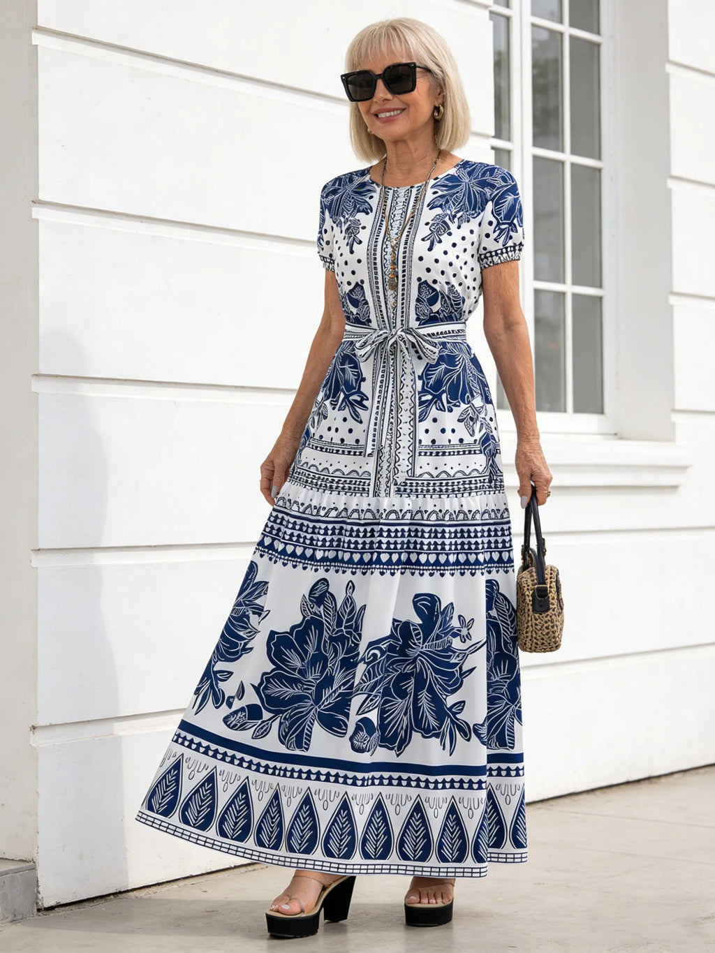 Boho Print Temperament Simple Lace-up Crew Neck Dress Vacation