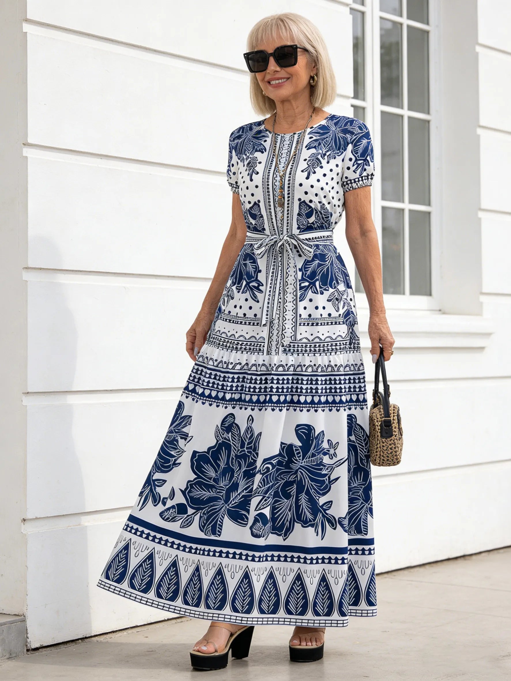 Boho Print Temperament Simple Lace-up Crew Neck Dress Vacation