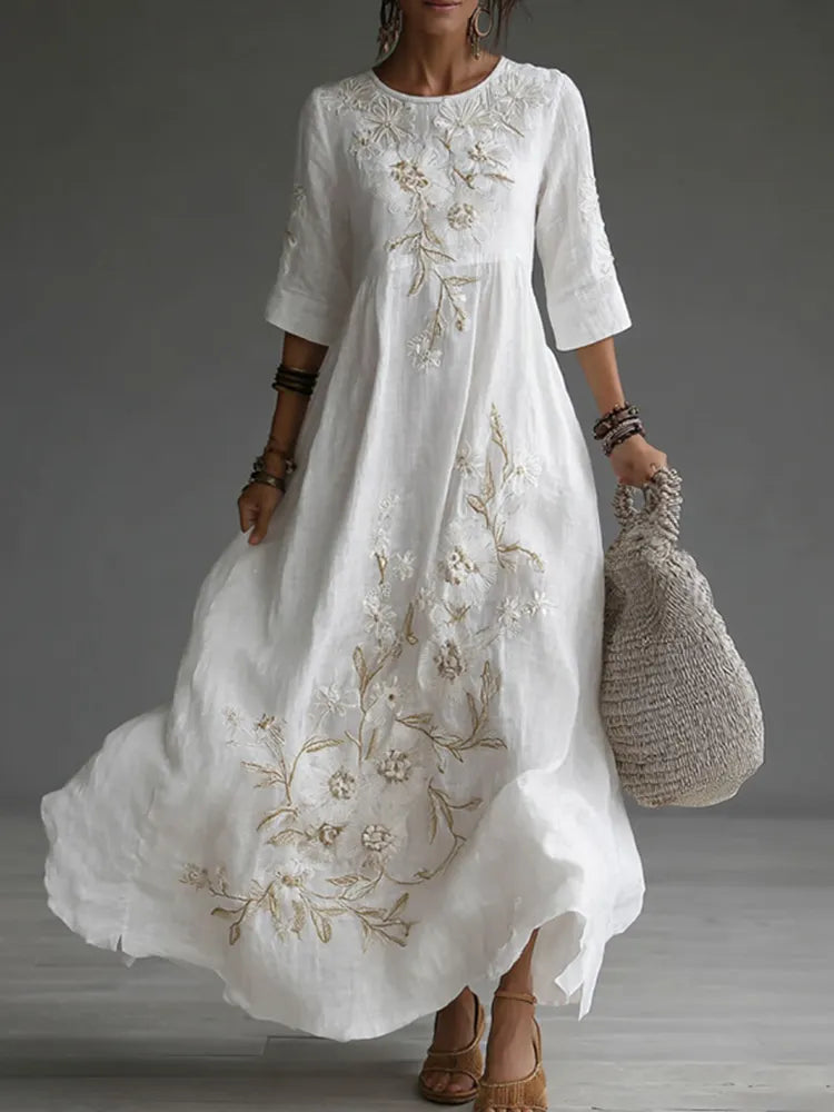 Japanese Floral Art Embroidered Casual Linen Maxi Dress