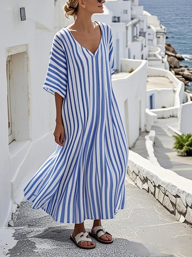 Women'S Casual Cotton And Linen Holiday Striped Pattern Print Dress