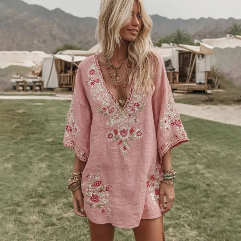 Women's Vintage Floral Art V Neck Midi Dress