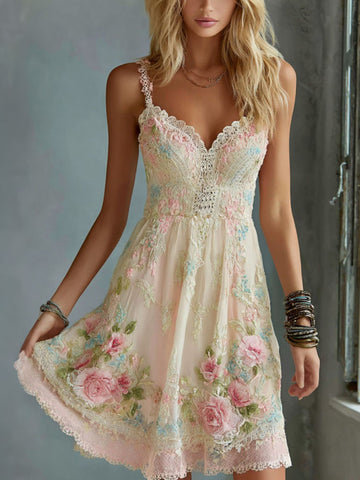 Women's Vintage Rose Art Embroidery V Neck Sleeveless Midi Dress