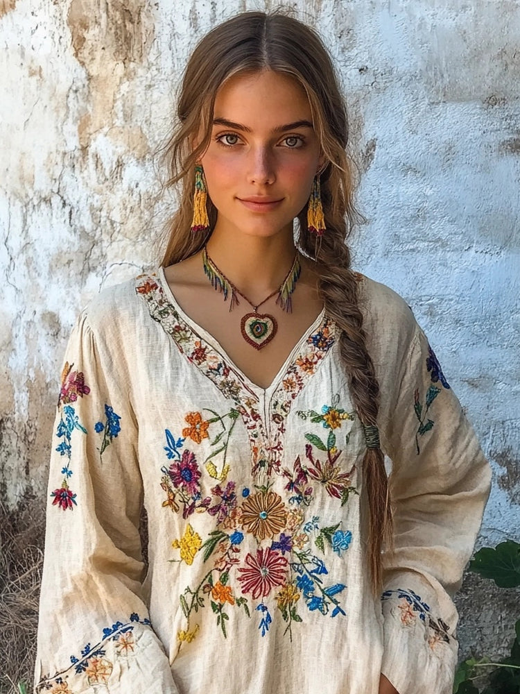 Retro Bohemian Floral Embroidered Linen Blend Comfy Shirt