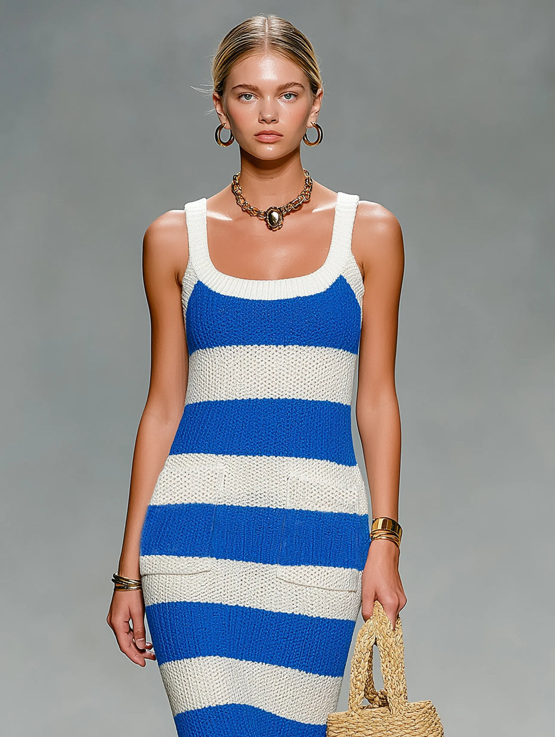 Women's Minimalist Striped Knit Midi Dress With Wide Straps MDZ1645D2Y