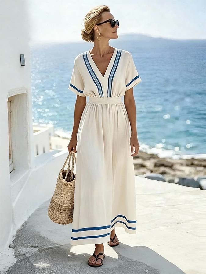Women'S Casual Color-Block Striped Dress