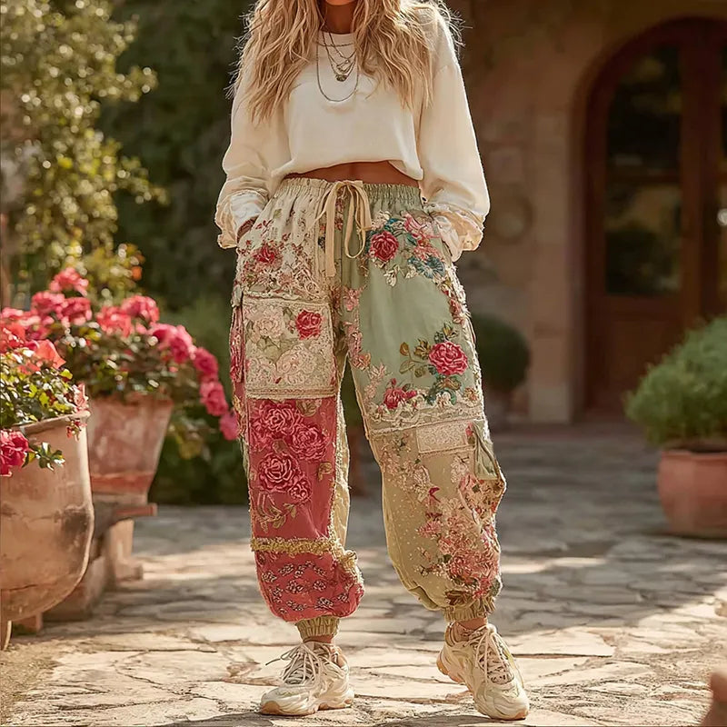 Women's Floral Patchwork Art Print Casual Sweatpants
