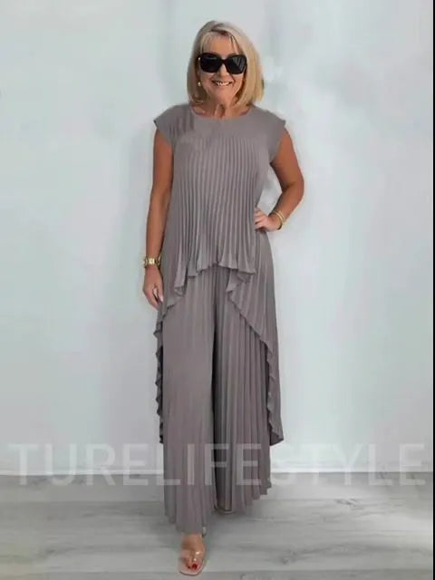 2Pcs Crew Neck Solid Color Sleeve Top Pleated Straight Pants Set Two-piece Set